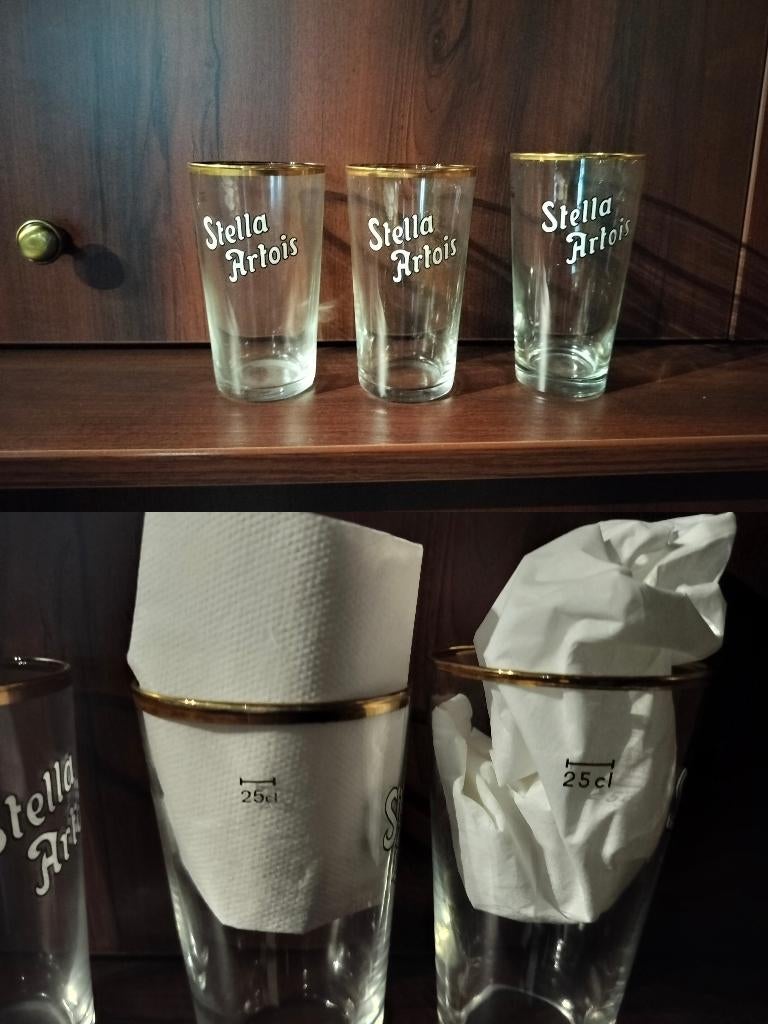 3x Vintage Stella Artois "Boerke" Bierglazen – 25cl, Ophalen, Zo goed als nieuw, Glas of Glazen, Overige merken