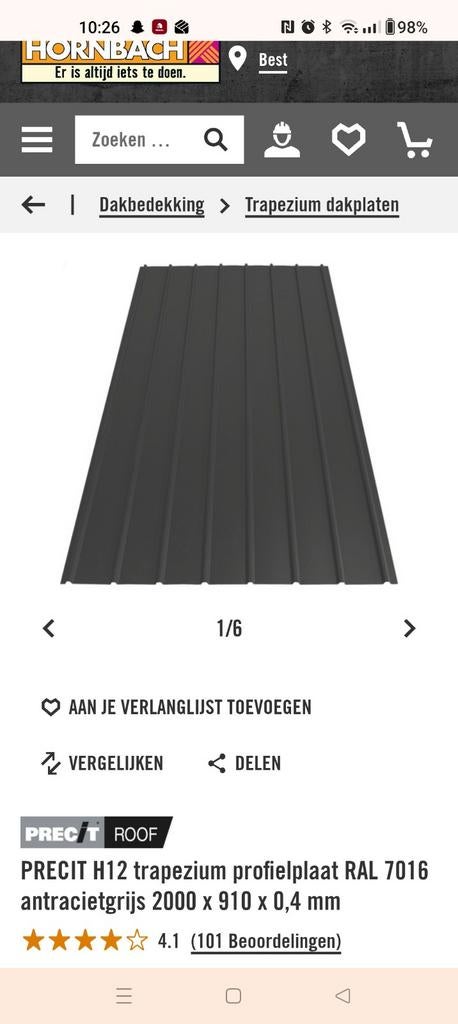 Gratis: Precit H12 dakplaat RAL 7016, 100x30cm, Ophalen