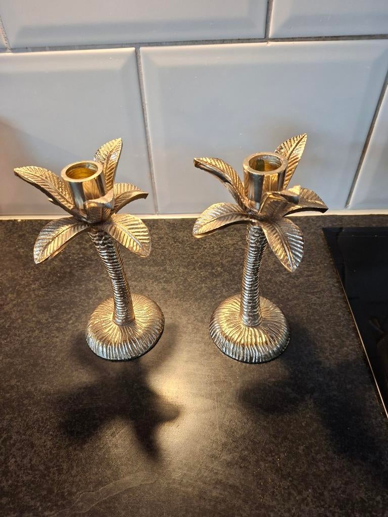 Goudkleurige palmboom kandelaars, Huis en Inrichting, Woonaccessoires | Kandelaars en Kaarsen, Overige materialen, Overige kleuren