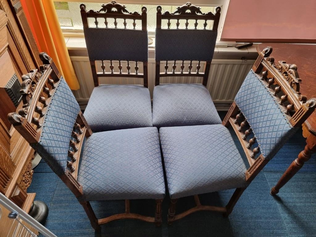 4x eettafel stoelen, Ophalen, Gebruikt, Blauw, Hout