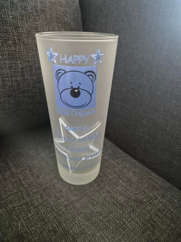 Happy Birthday Glas met Beer Opdruk, Ophalen of Verzenden, Zo goed als nieuw, Glas, Meerkleurig