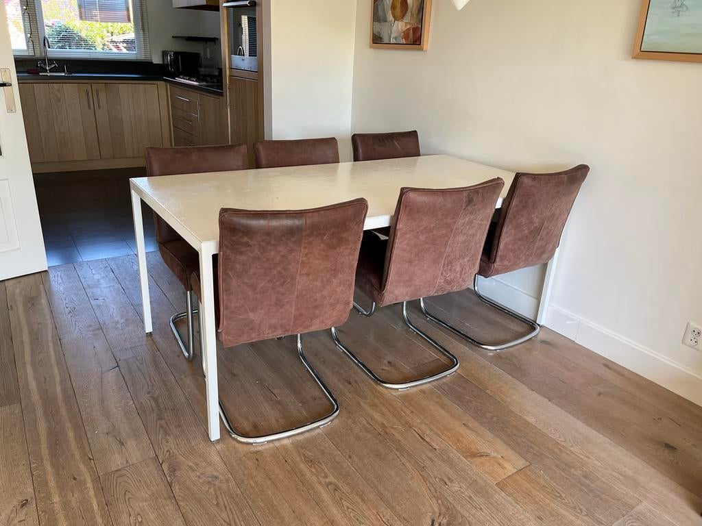 Set van 6 bruinlederen eetkamerstoelen, Ophalen, Gebruikt, Bruin, Leer