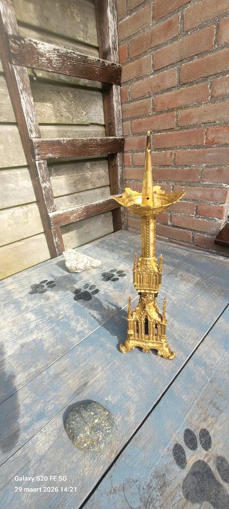 Antieke Neo Gotische kandelaar 40 cm., Antiek en Kunst, Antiek | Kandelaars, Koper of Brons, Ophalen of Verzenden