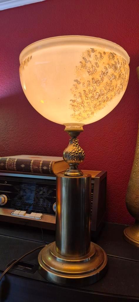 Vintage Tafellamp Messing Hout Glas - 56 cm, Antiek en Kunst, Antiek | Lampen, Ophalen of Verzenden