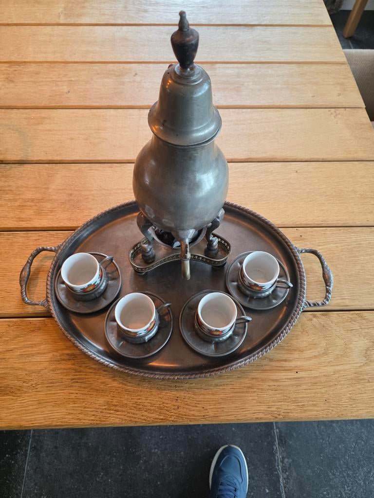 Antieke tinnen theeservies met houtskoolbakje en dienblad, Antiek en Kunst, Antiek | Tin, Ophalen