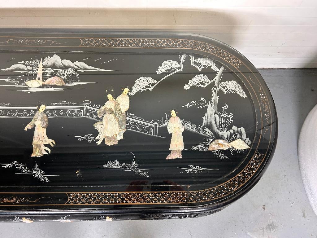Unieke Chinese salontafel, parelmoer ingelegd, figuren, Ophalen, Gebruikt, 100 tot 150 cm, 50 tot 100 cm