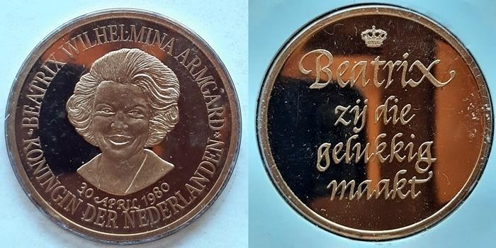 Penning Beatrix 1980, Postzegels en Munten, Penningen en Medailles, Verzenden, Brons, Nederland