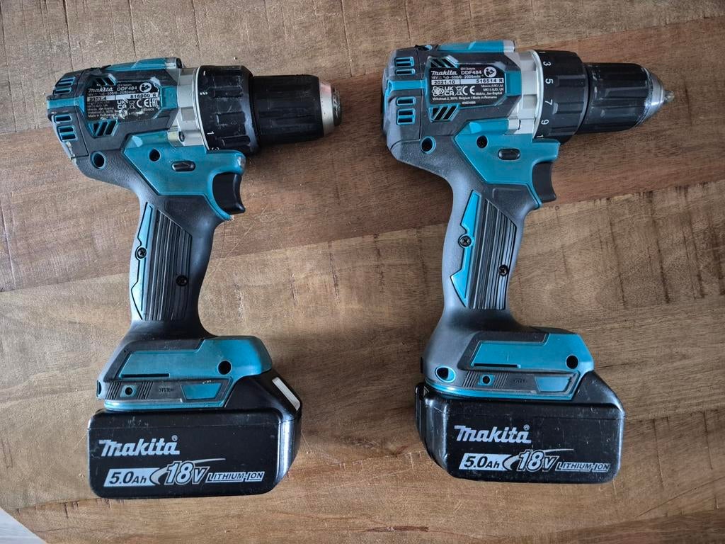 Makita DDF484 en DHP484 Accuboormachines met 5.0Ah accu's, Ophalen of Verzenden, Boor- en Schroefmachine, Variabele snelheid, Gebruikt