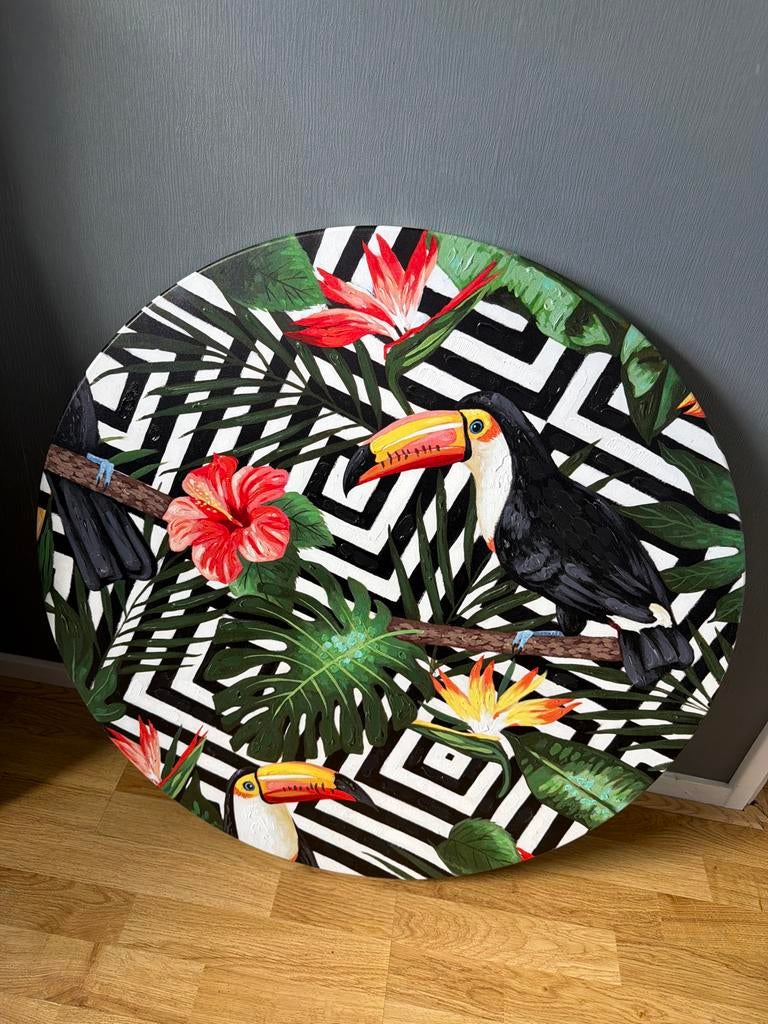 Rond schilderij met toekans en tropische bladeren, Ophalen of Verzenden