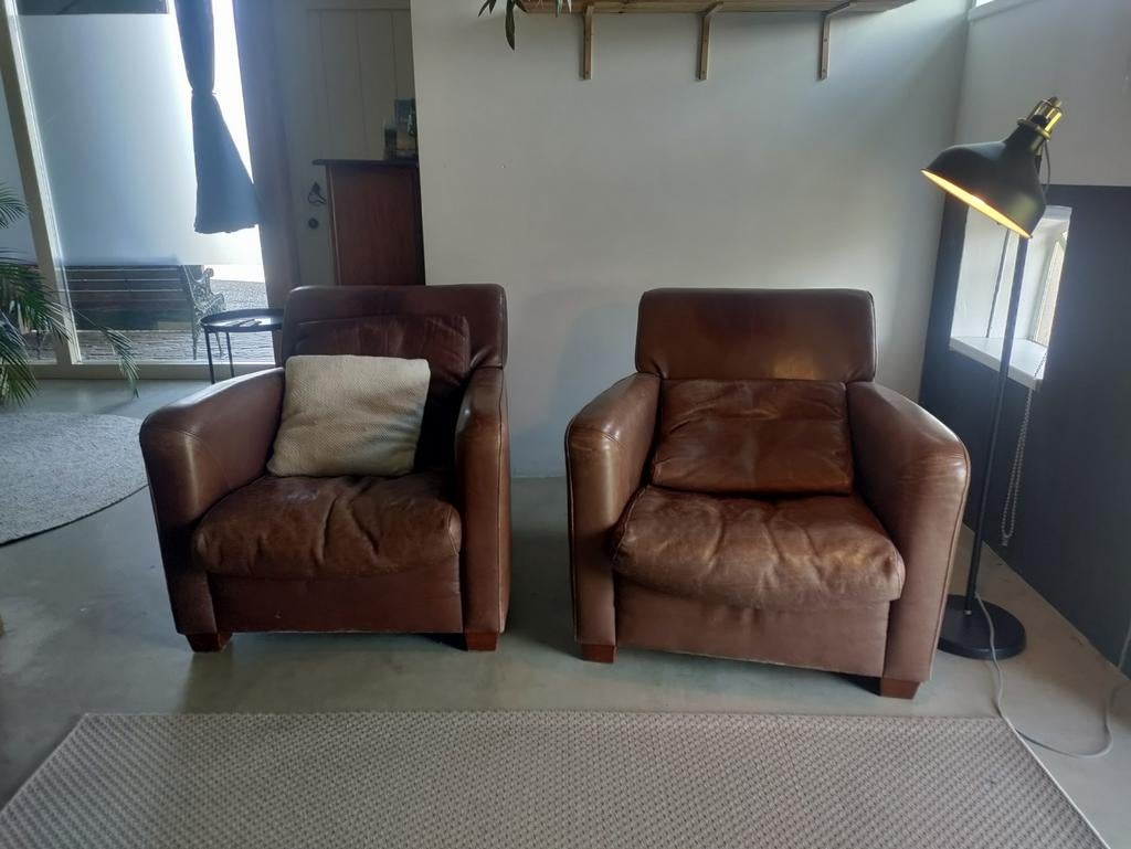 Set van 2 leren fauteuils - Vintage bruin, Ophalen, Gebruikt, 75 tot 100 cm, 75 tot 100 cm