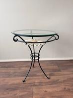 Metalen bijzettafel met glazen blad en bloemdecoratie, Minder dan 55 cm, Metaal of Aluminium, Rond, Zo goed als nieuw