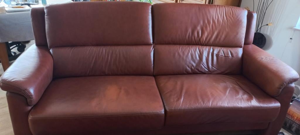 Bruin leren bankstel - Af te halen in Vlijmen, Ophalen, Gebruikt, 150 tot 200 cm, Tweepersoons