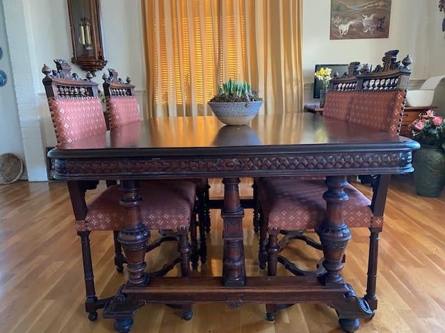 Prachtige antieke Mechelse Eethoek - Eiken tafel + 6 stoelen, Antiek en Kunst, Antiek | Meubels | Tafels, Ophalen