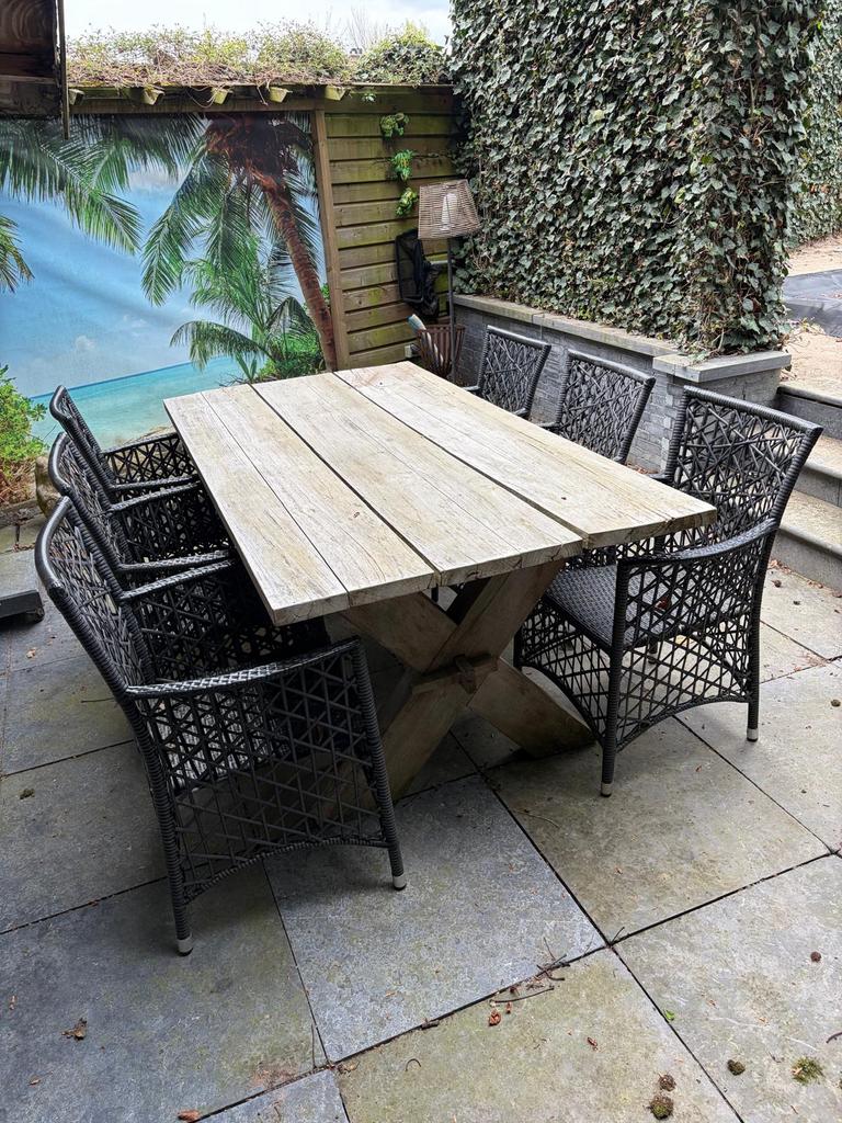 Teakhouten tuintafel met 6 stoelen, Ophalen, Gebruikt, Eettafel, 6 zitplaatsen