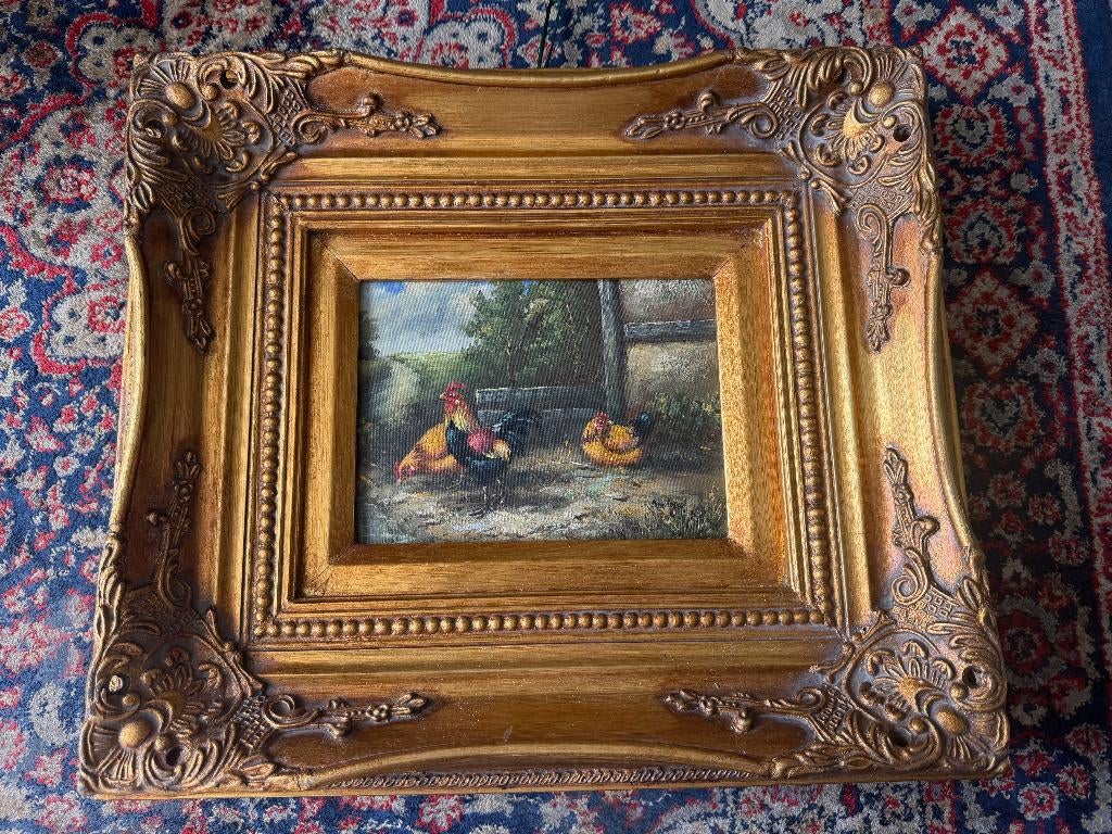 Oud Schilderijtje. Haan met 2 Hennen in een prachtige Lijst., Antiek en Kunst, Kunst | Schilderijen | Klassiek, Ophalen of Verzenden