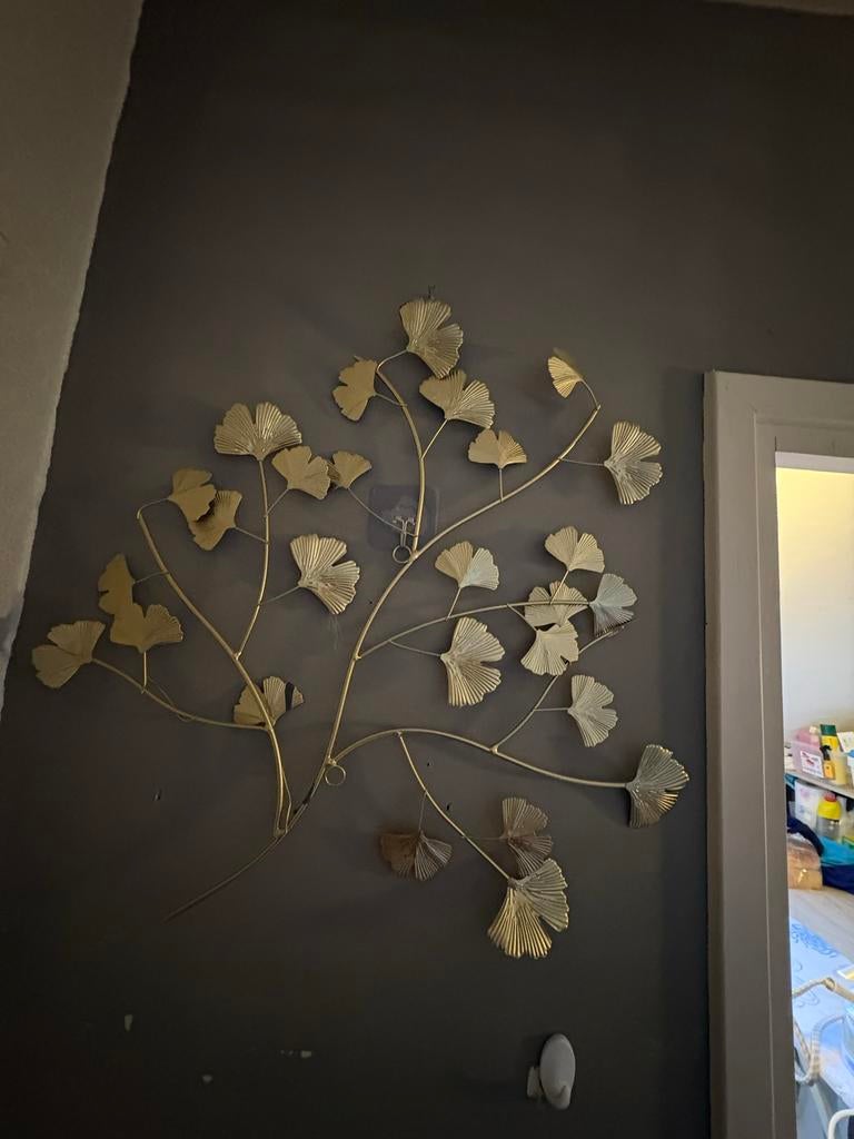 Gouden Ginko wanddecoratie, Huis en Inrichting, Metaal, Gebruikt, Decoratieobject, Ophalen of Verzenden