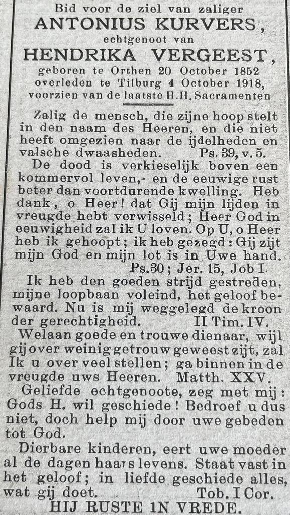 Antonius Kurvers Orthen (Bosch) 1852, Verzamelen, Bidprentjes en Rouwkaarten, Ophalen of Verzenden