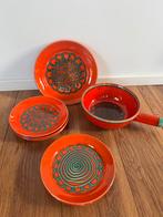 Oranje Rood Keramiek Fondue Set , borden en achaal, Gebruikt, Keramiek, Overige typen, Ophalen of Verzenden