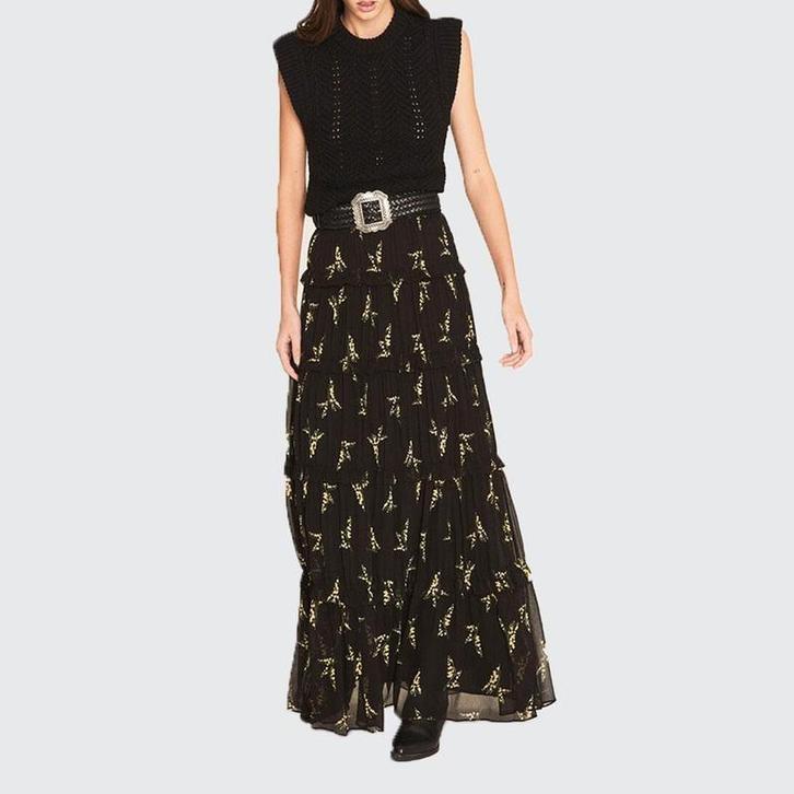 Ba&sh Lange Maxi Rok Zwart/Geel mt S, Kleding | Dames, Rokken, Gedragen, Maat 36 (S), Zwart, Onder de knie, Ophalen of Verzenden
