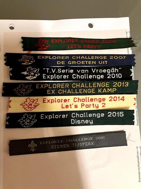 Naambandjes :Explorer challenge, Verzamelen, Scouting, Nieuw, Embleem, Speld of Insigne, Ophalen of Verzenden