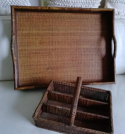 Oude ratan dienblad en bijpassende bestekmand handvaten '30, Antiek en Kunst, Curiosa en Brocante, Ophalen of Verzenden