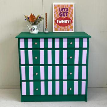 Funky restyle streep ladekast commode grasgroen & lila hout beschikbaar voor biedingen