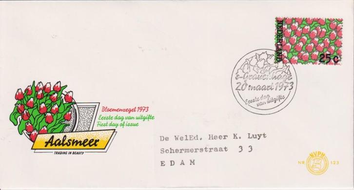 Nederland 1973 E123 Tulpenveld Bloemen veiling Aalsmeer typ, Postzegels en Munten, Postzegels | Eerstedagenveloppen, Beschreven