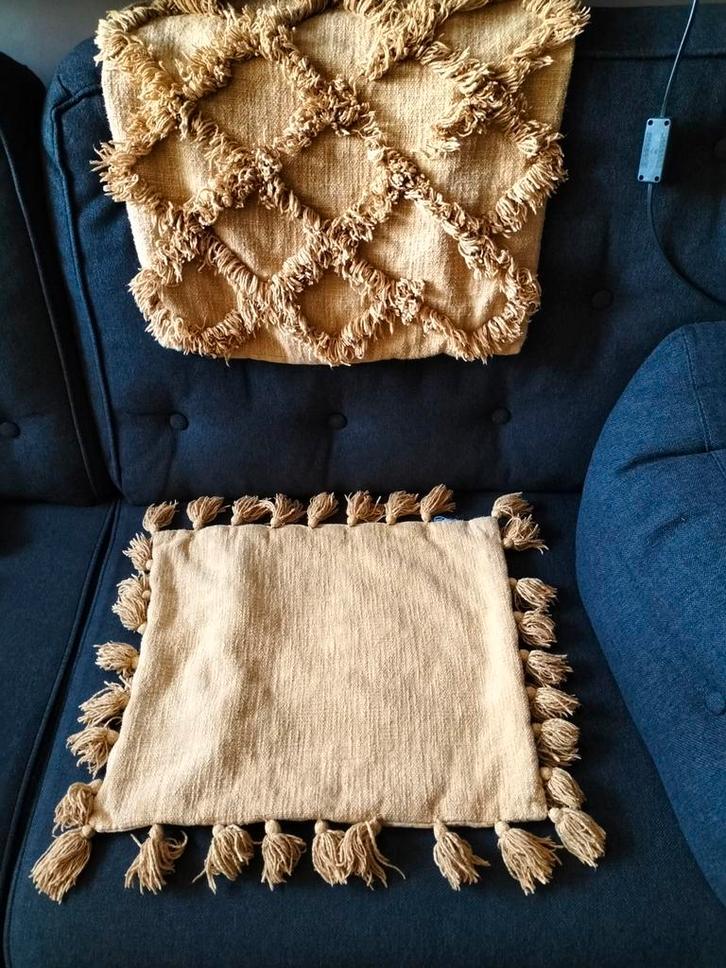 Okergeel sierkussen hoes 45x45 cm met franjes, Huis en Inrichting, Woonaccessoires | Kussens, Vierkant, Ophalen of Verzenden