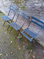 3 vintage blauwe bistrostoeltjes, Tuin en Terras, Ophalen, Gebruikt, Hout, Inklapbaar