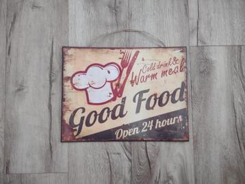 Prachtig beige metalen bord good food, open 24 hours. Eten. beschikbaar voor biedingen