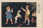 Twee kinderen met hondje dat een kunstje doet, Verzamelen, Ansichtkaarten | Themakaarten, Gelopen, Kinderen, Ophalen, 1920 tot 1940