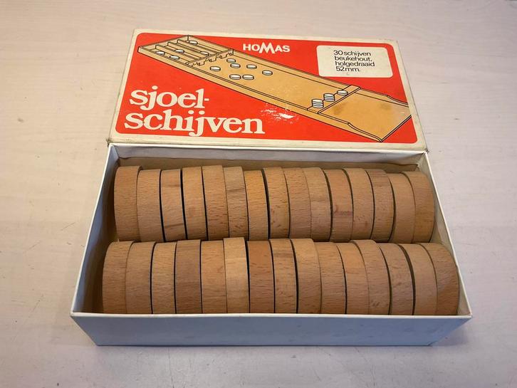 Homas 30 sjoelschijven 52 mm, holgedraaid en beukenhout, Hobby en Vrije tijd, Gezelschapsspellen | Overige, Gebruikt, Ophalen of Verzenden