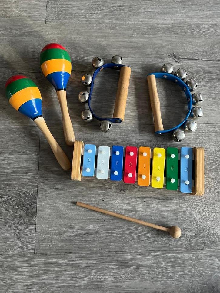 Muziekinstrumenten set: Xylofoon, rammelaars en tamboerijnen, Muziek en Instrumenten, Percussie, Zo goed als nieuw, Melodische percussie