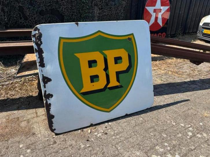 Vintage BP emaille Reclamebord XL, Verzamelen, Merken en Reclamevoorwerpen, Gebruikt, Reclamebord, Ophalen