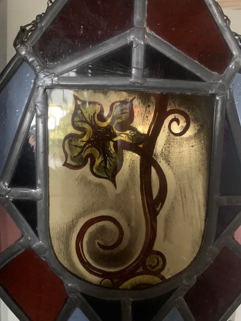 Glas in lood gebrandschilderd bloem antiek, Ophalen of Verzenden