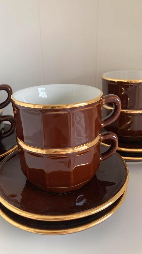 Apilco France - 6 cappuccino kopjes - bruin - goud, Antiek en Kunst, Antiek | Servies los, Ophalen of Verzenden