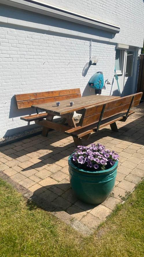 Grote picknicktafel van dik hout met afneembare rug leuning, Tuin en Terras, Picknicktafels, Zo goed als nieuw, Rechthoekig, Ophalen