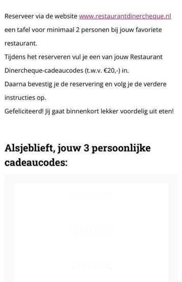3 x 20 euro korting per code via Restaurant Dinercheque. beschikbaar voor biedingen