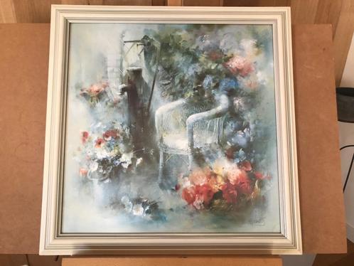 Schilderij, buiten tafereel in houten lijst 64x64cm., Antiek en Kunst, Kunst | Schilderijen | Klassiek, Ophalen of Verzenden