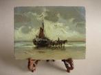 Klein schilderij olieverf Haagse School bomschuit strand, Ophalen of Verzenden