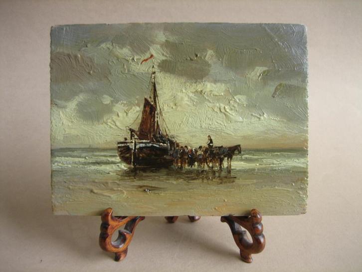 Klein schilderij olieverf Haagse School bomschuit strand, Antiek en Kunst, Kunst | Schilderijen | Klassiek, Ophalen of Verzenden