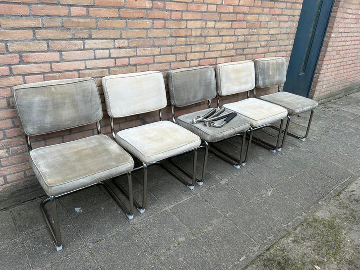 5 Vintage Ribstof Stoelen met Chrome Buisframe, Huis en Inrichting, Stoelen, Gebruikt, Vijf, Zes of meer stoelen, Metaal, Stof