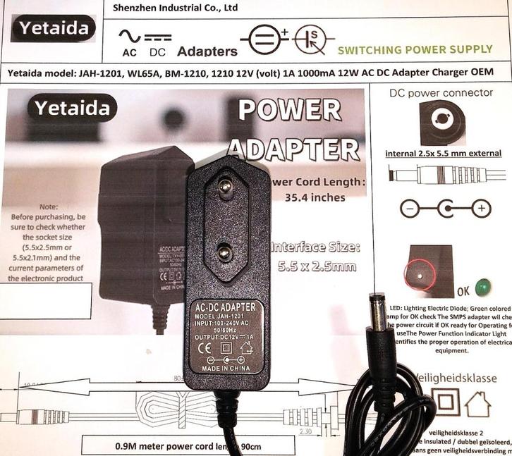 Yetaida JAH-1201 12V 1A AC DC power adapter oplader 2.5x5.5, Audio, Tv en Foto, Opladers, Nieuw, Ophalen of Verzenden