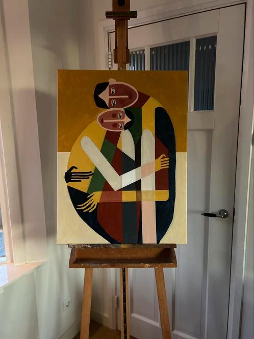 Schilderij Retro Figuratief “Omhelzing” 60 x 80 cm, Antiek en Kunst, Kunst | Overige Kunst, Verzenden