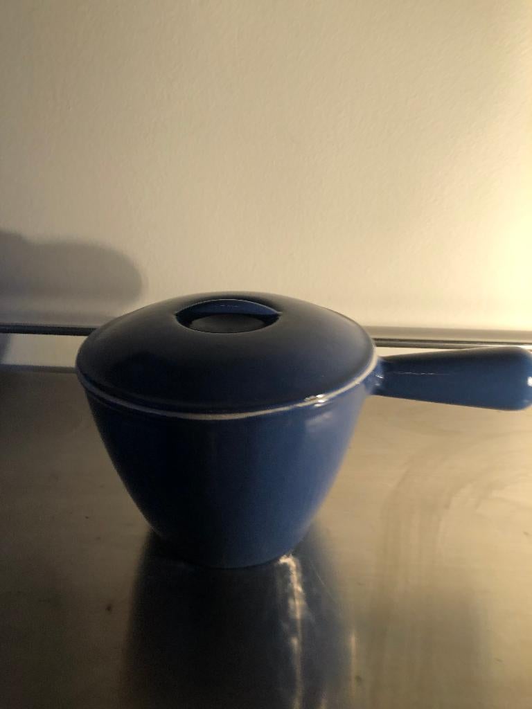 Le Creuset vintage blauwe Franse fonduepot/kookpot/sauspan, Ophalen, Gebruikt, Gietijzer, Kookpan of Snelkookpan