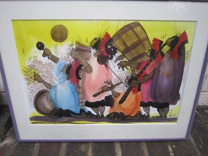 PERU COSCU, Leuke aquarel Feestvierende mensen, Antiek en Kunst, Kunst | Schilderijen | Klassiek, Ophalen