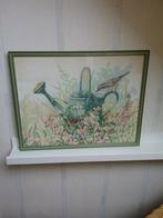 MARJOLEIN BASTIN: ingelijst borduurwerk gieter,vogel,bloemen, Minder dan 50 cm, Overige typen, Ophalen of Verzenden, Zo goed als nieuw