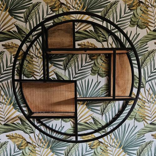 Rond industrieel wandrek - Metaal met houten planken - Ø80cm, Huis en Inrichting, Woonaccessoires | Wandplanken en Boekenplanken