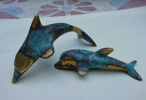 2 Koper/messing Dofijntjes met groen patin, Verzamelen, Beelden en Beeldjes, Zo goed als nieuw, Dier, Verzenden