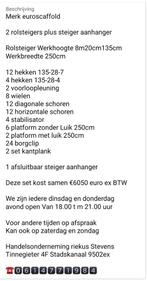 2 rolsteiger Werkhoogte 8m20cm135cm Werkbreedte 250cm, Doe-het-zelf en Verbouw, Steigers, Nieuw, Ophalen of Verzenden
